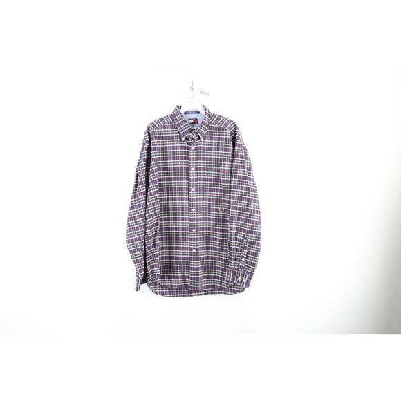 Vtg 90s Tommy Hilfiger Mens Large Baggy Fit Collared Button Shirt Rainbow Plaid - Picture 1 of 7